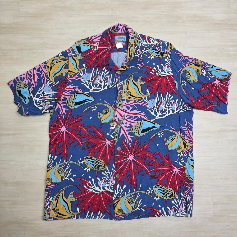 Reyn Spooner Joe Kealoha Mens Large Hawaiian Shirt Rayon Tropical Fish‎ Blue Red
